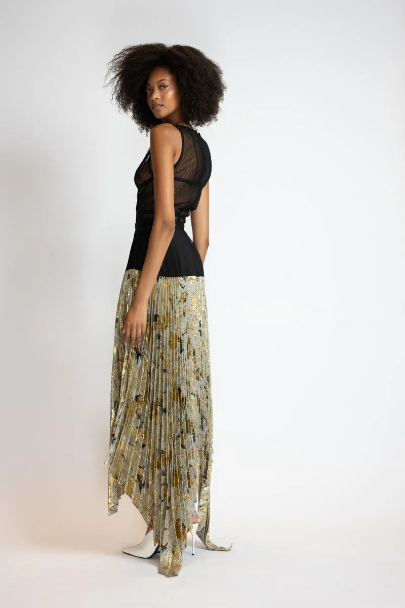 Marble And Organza Pleated Skirt With Asymmetrical Hem