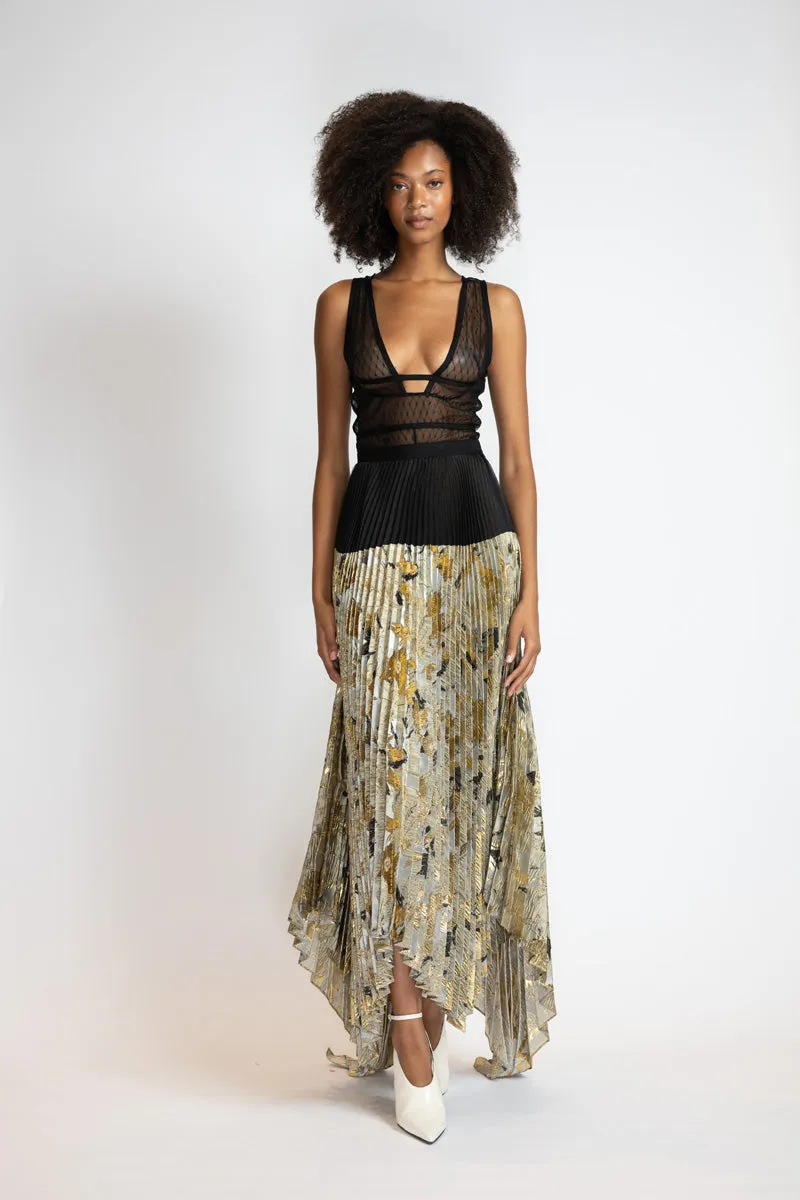 Marble And Organza Pleated Skirt With Asymmetrical Hem