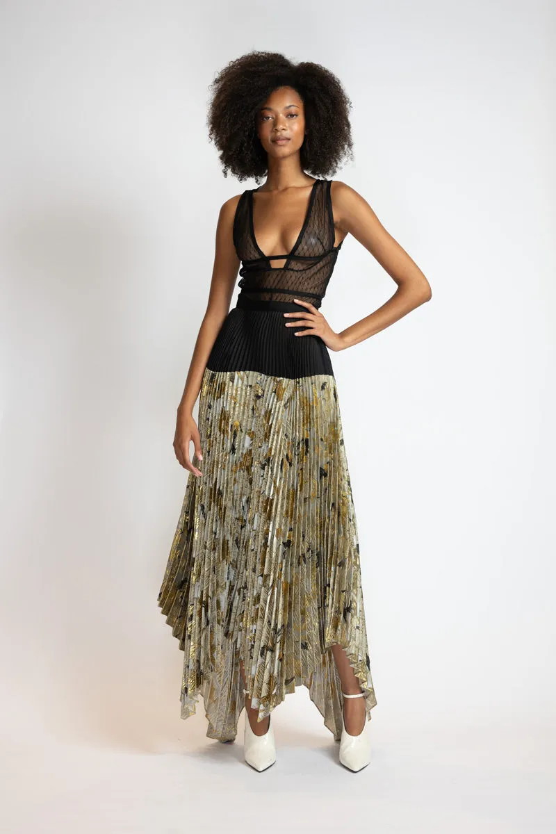 Marble And Organza Pleated Skirt With Asymmetrical Hem
