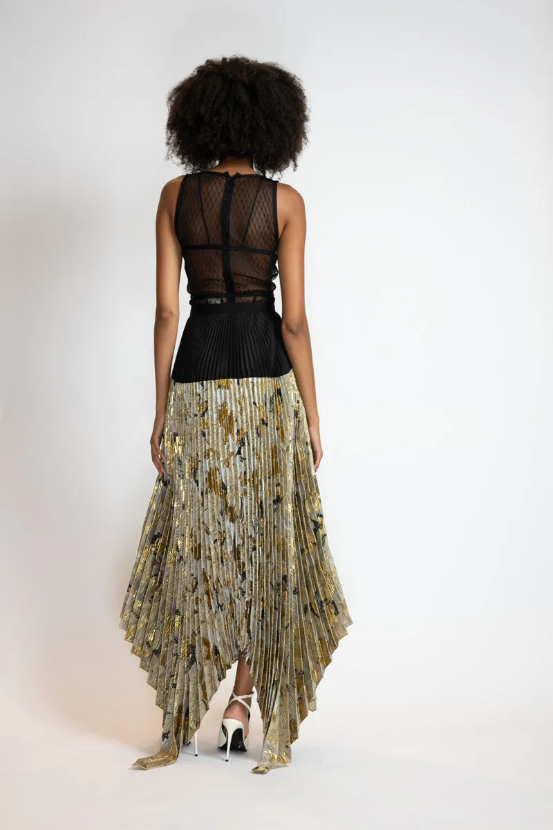 Marble And Organza Pleated Skirt With Asymmetrical Hem
