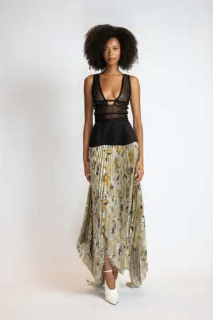 Marble And Organza Pleated Skirt With Asymmetrical Hem