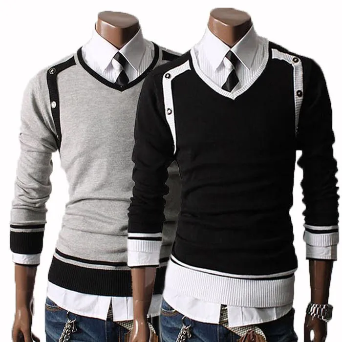 Men's V-Neck Side Button Pull Over Sweater