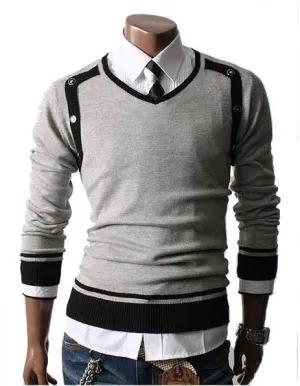 Men's V-Neck Side Button Pull Over Sweater