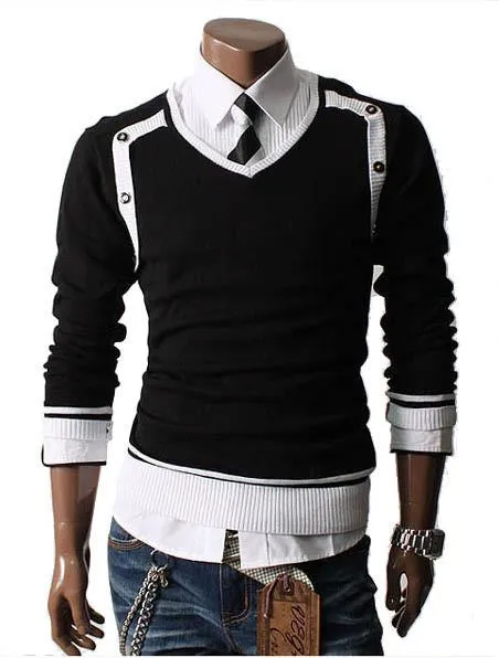 Men's V-Neck Side Button Pull Over Sweater
