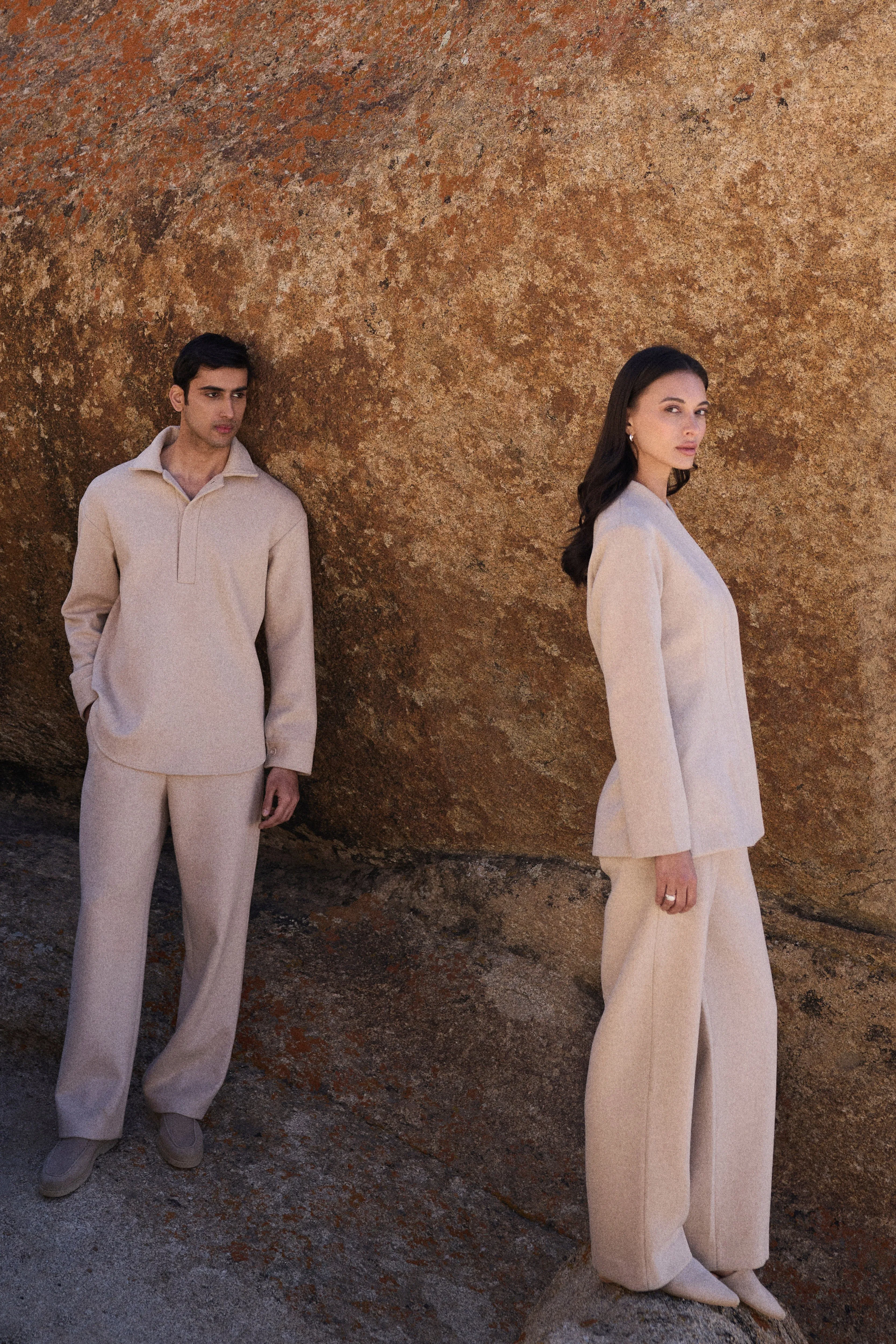 Merino Wool Blend Overshirt w Half Placket Collar- Man (Oatmeal)
