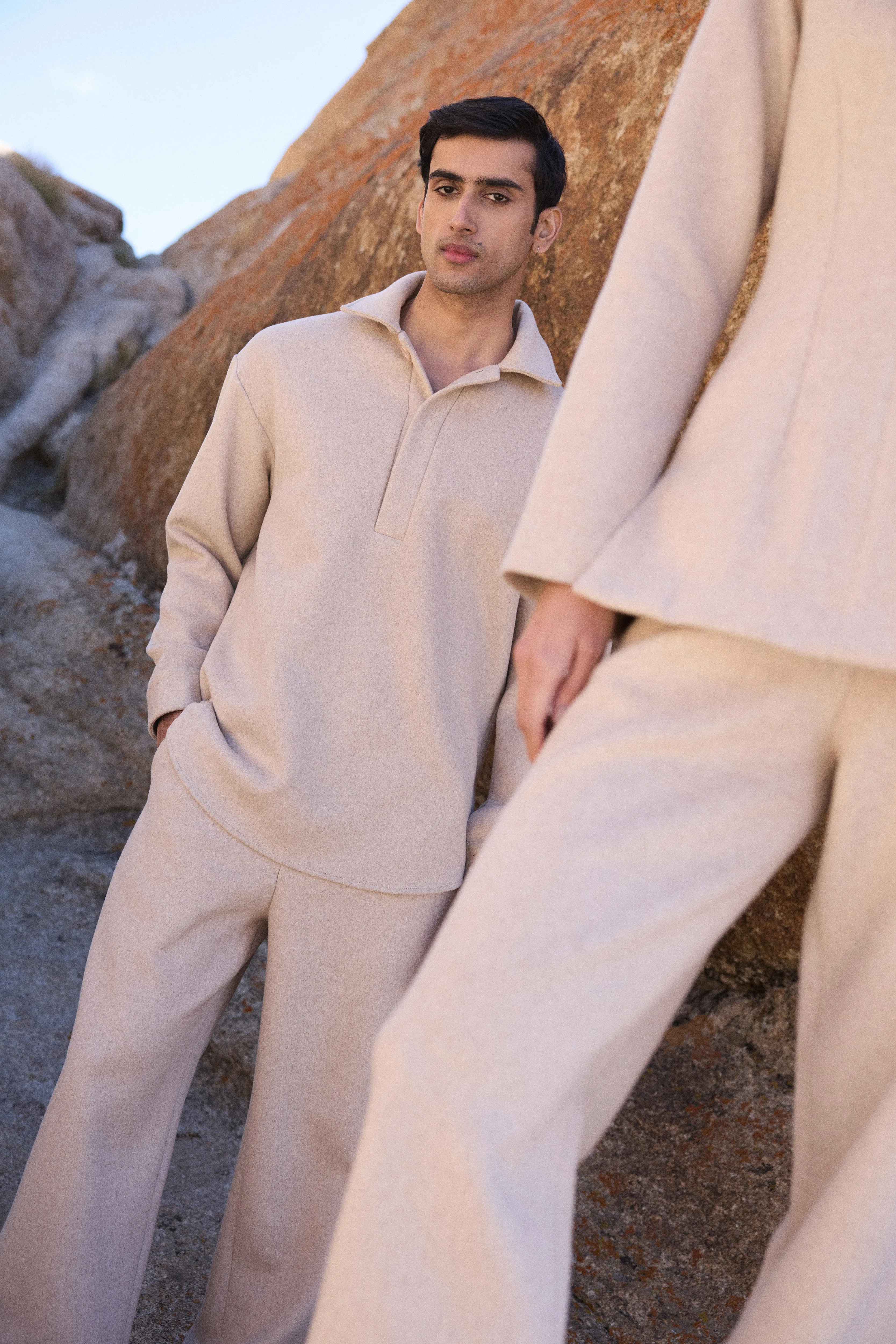 Merino Wool Blend Overshirt w Half Placket Collar- Man (Oatmeal)