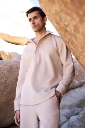 Merino Wool Blend Overshirt w Half Placket Collar- Man (Oatmeal)