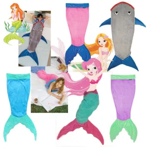 Mermaid Blanket Towel Envelopes For 5-12T Kids Soft Animal Sleeping Bag Pajamas Overalls Children Quilt Velvet Shark Blanket