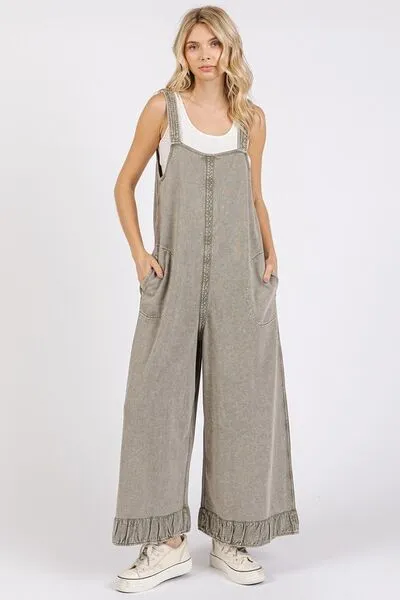 Mittoshop Ruffled Hem Wide Leg Overalls with Pockets