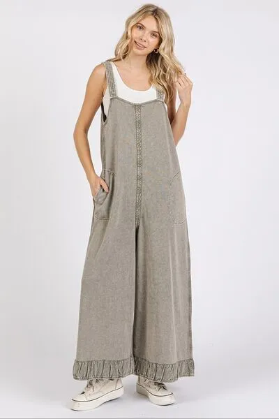 Mittoshop Ruffled Hem Wide Leg Overalls with Pockets