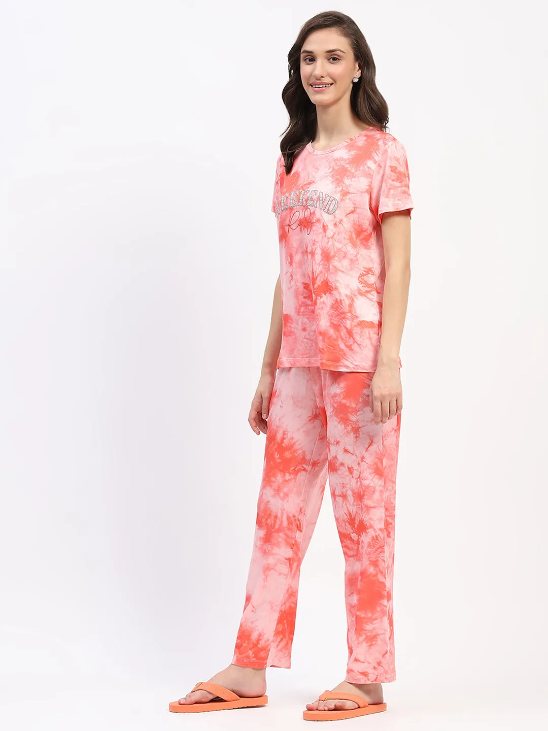 mSECRET Tie Dye Coral Typography Print Two Piece Night Suit