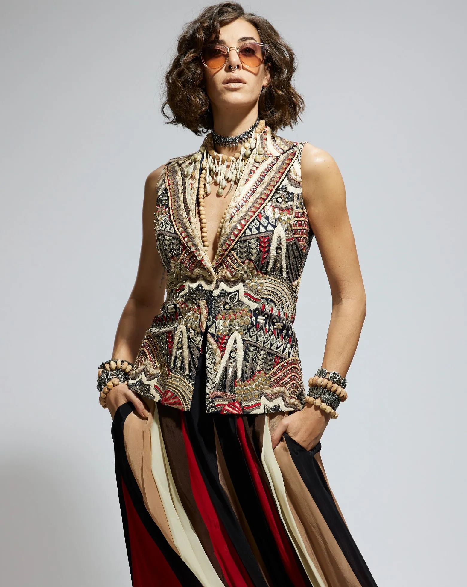 Multi blue abstract embellished jacket and palazzo