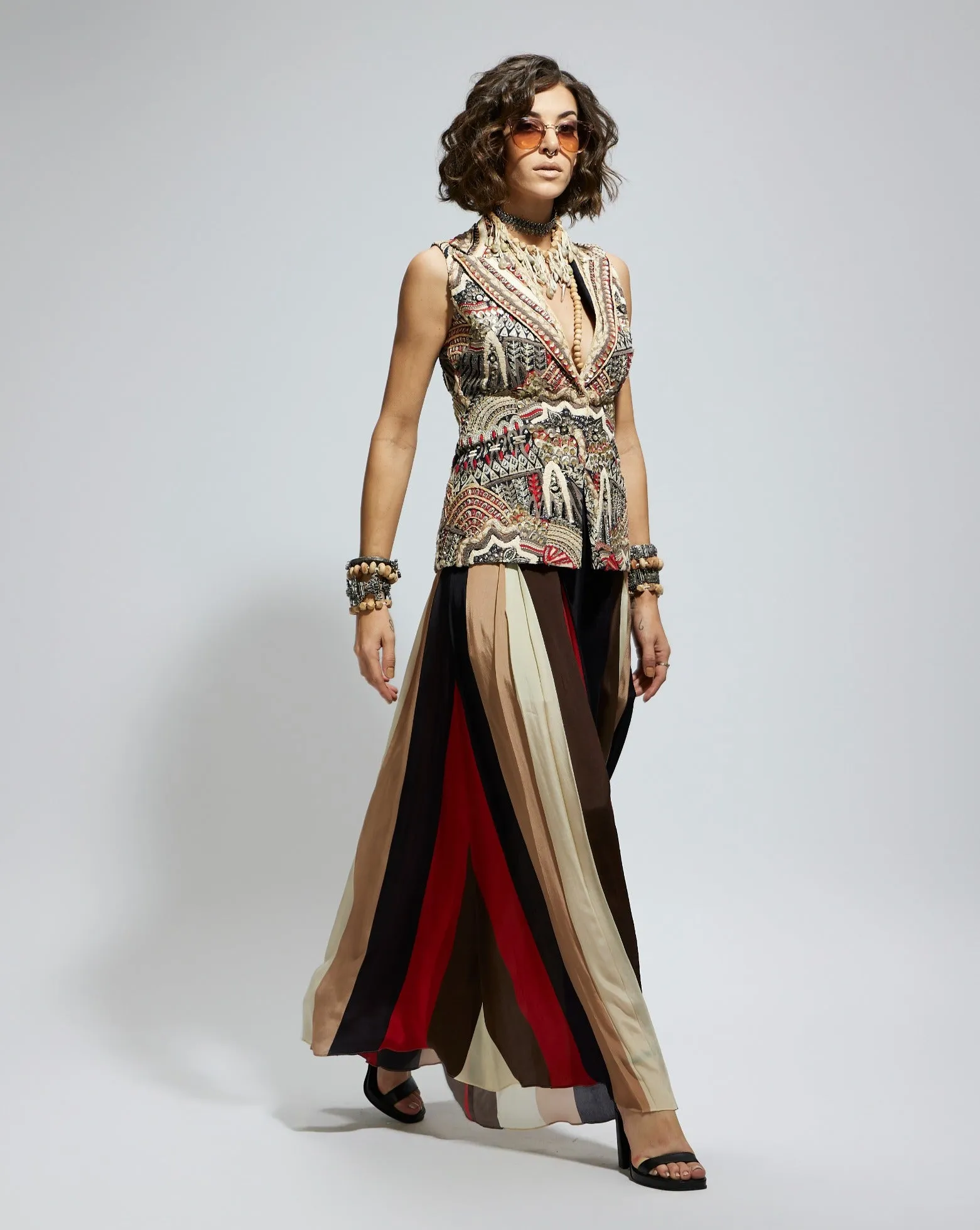 Multi blue abstract embellished jacket and palazzo