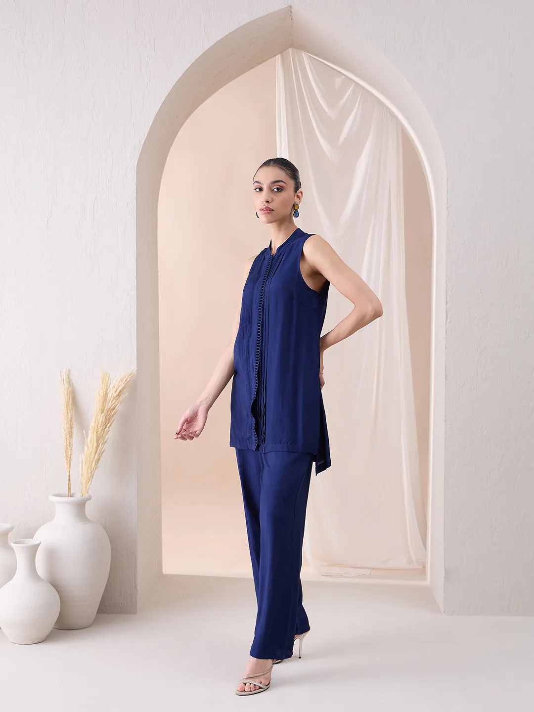 Navy Sleeveless Scallop Detail Tunic With Straight Pant
