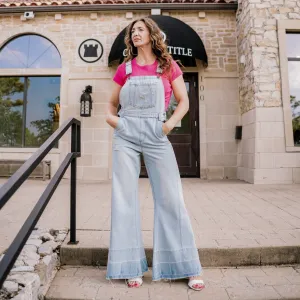 Oh So Sweet Distressed Wide Leg Flare Denim Overalls