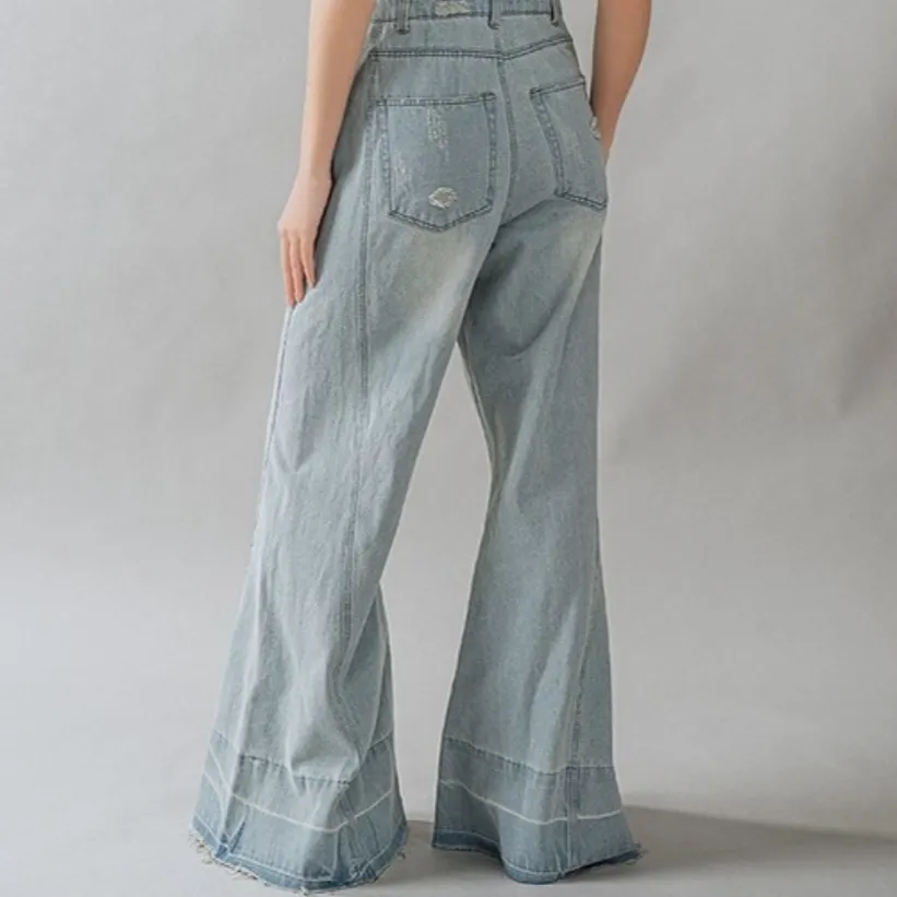 Oh So Sweet Distressed Wide Leg Flare Denim Overalls