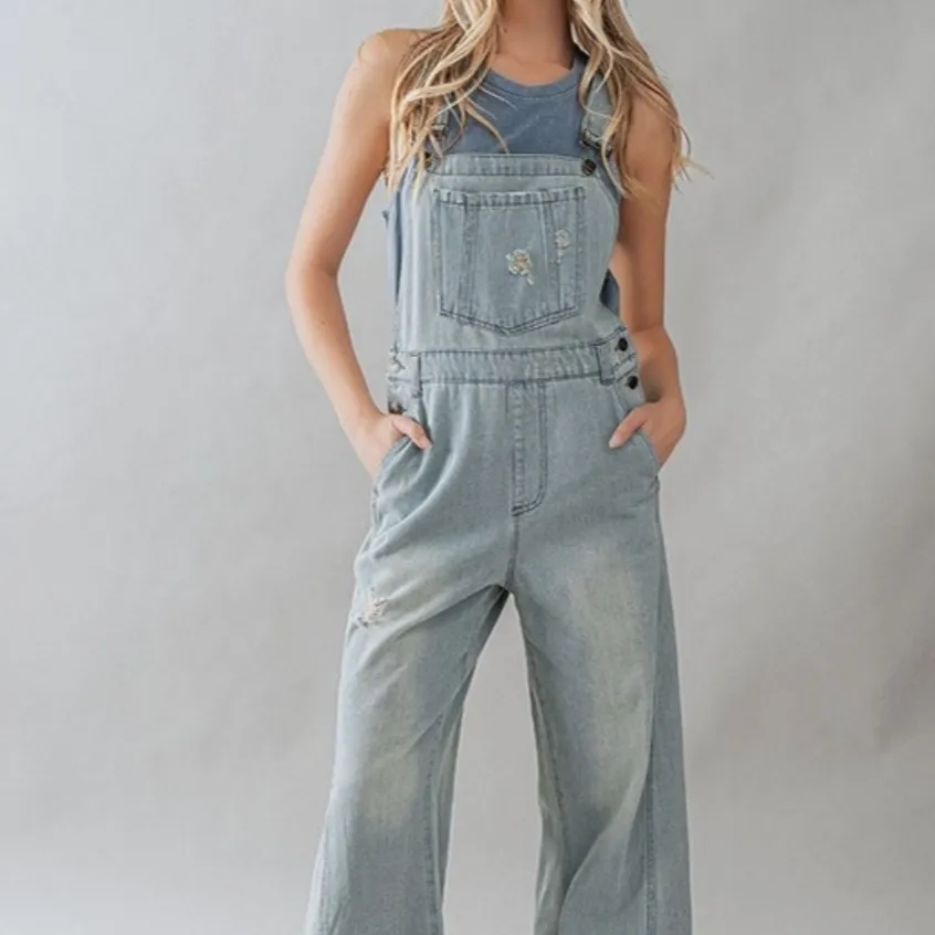 Oh So Sweet Distressed Wide Leg Flare Denim Overalls