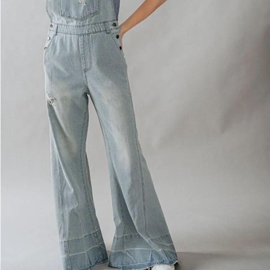 Oh So Sweet Distressed Wide Leg Flare Denim Overalls