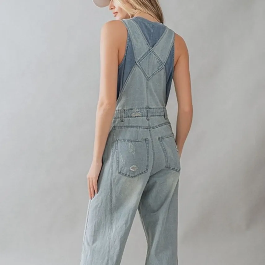 Oh So Sweet Distressed Wide Leg Flare Denim Overalls