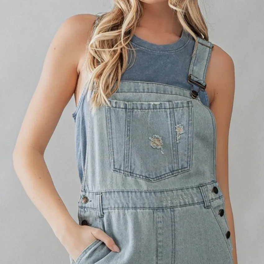 Oh So Sweet Distressed Wide Leg Flare Denim Overalls