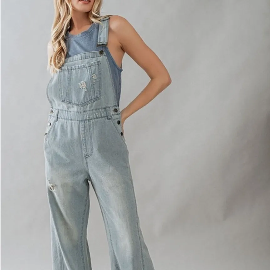 Oh So Sweet Distressed Wide Leg Flare Denim Overalls