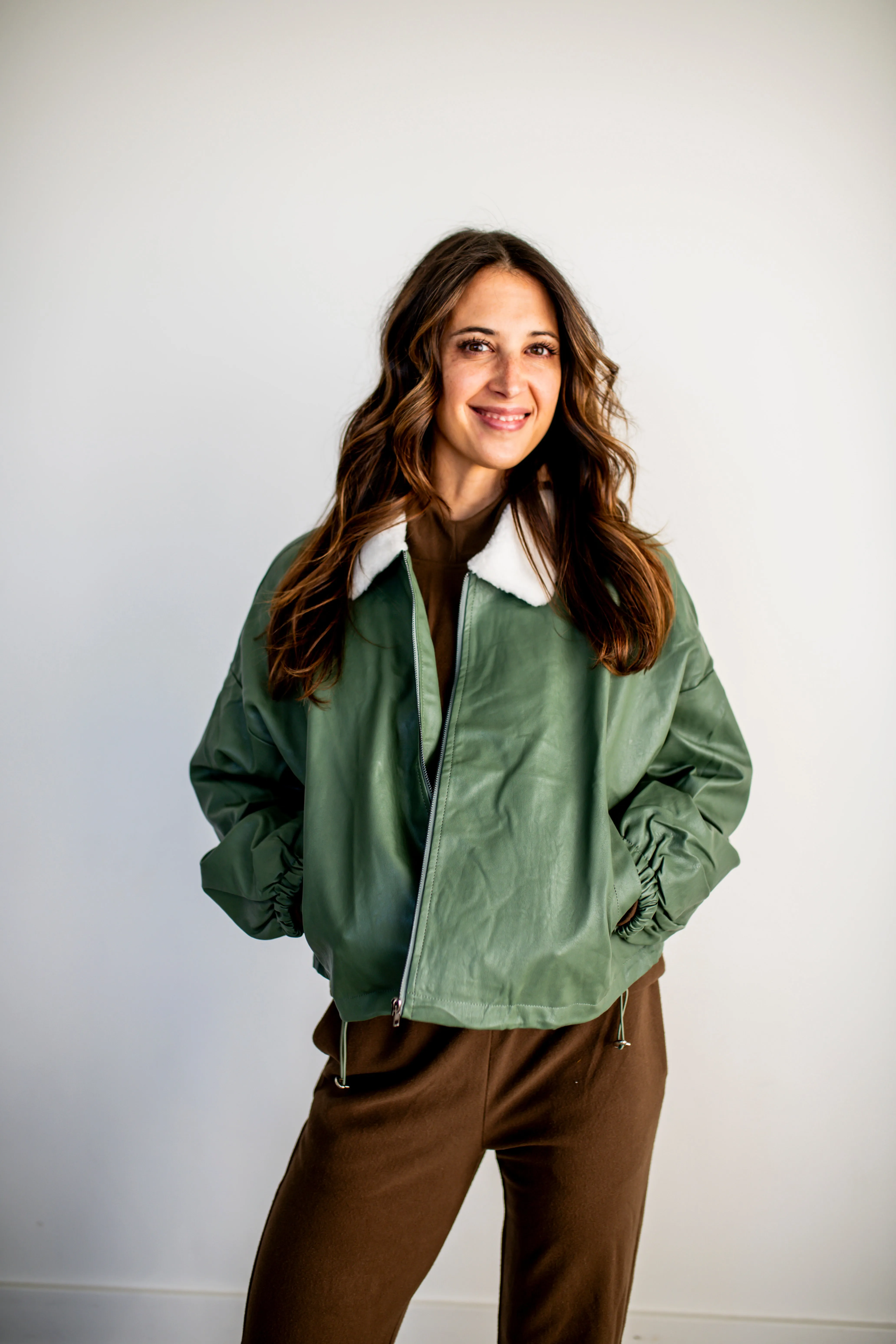 Olive Utility Fall Faux Leather Jacket with Fleece Collar