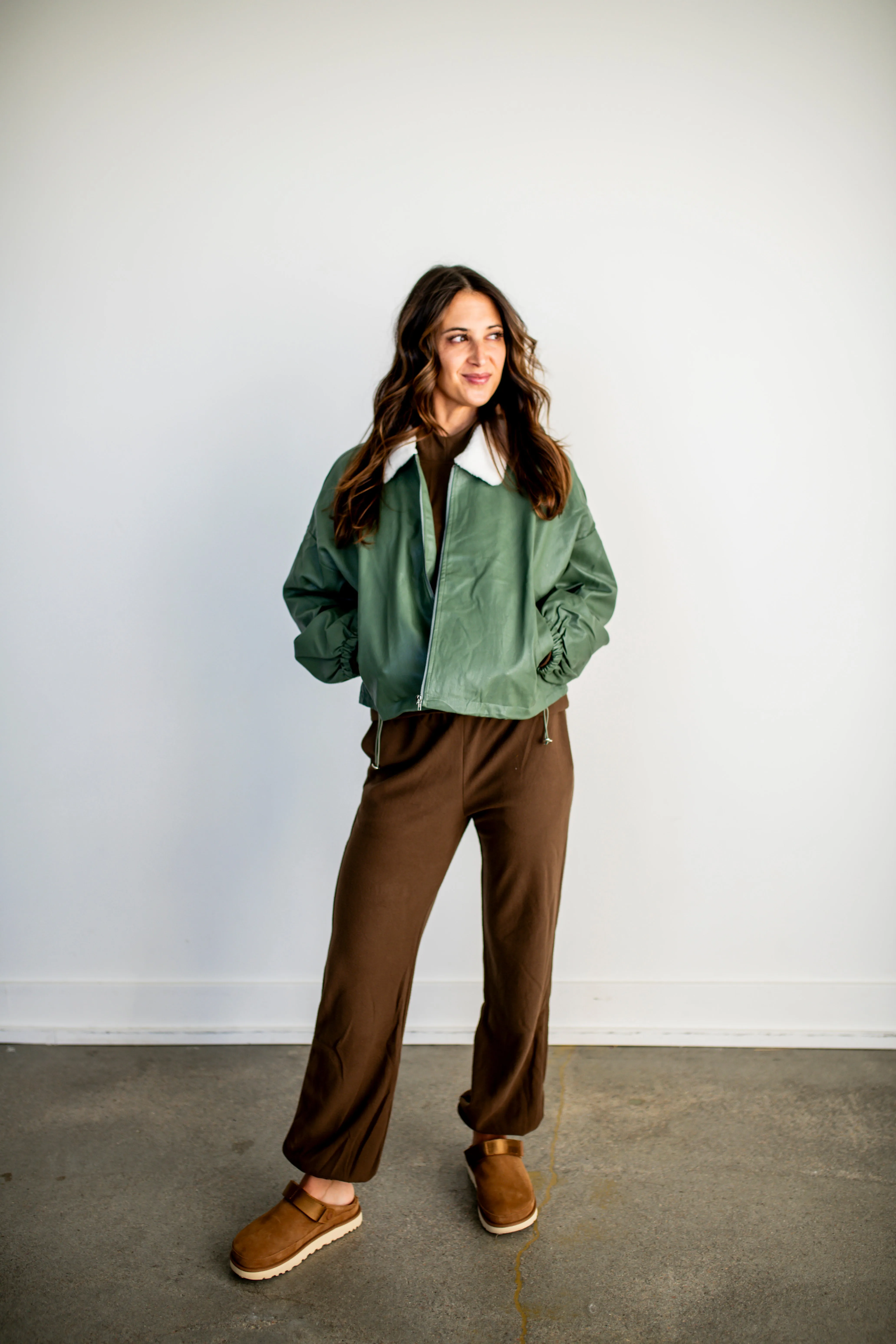 Olive Utility Fall Faux Leather Jacket with Fleece Collar