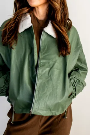 Olive Utility Fall Faux Leather Jacket with Fleece Collar