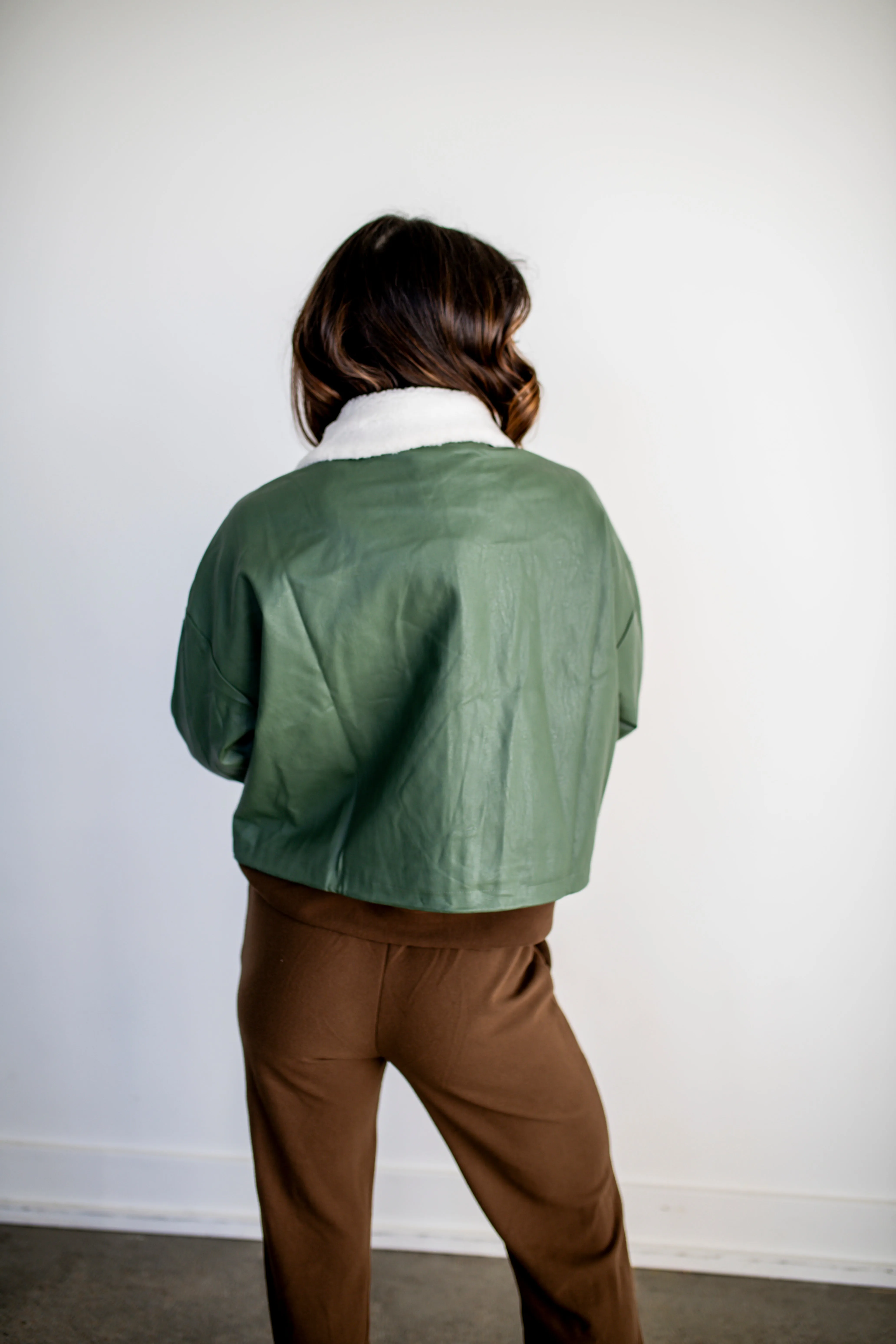 Olive Utility Fall Faux Leather Jacket with Fleece Collar