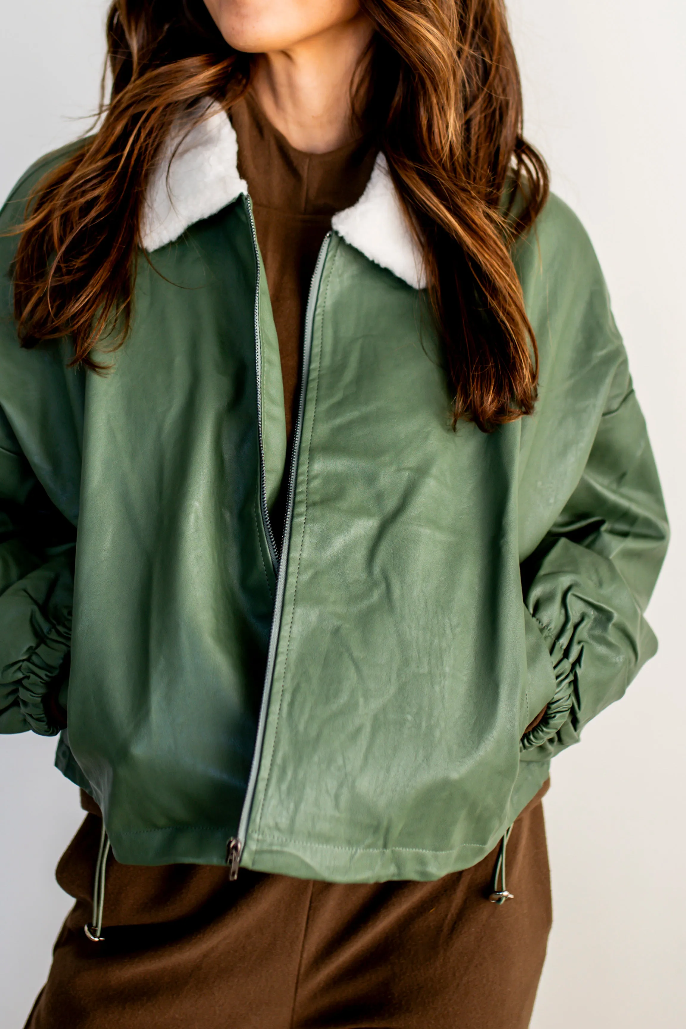 Olive Utility Fall Faux Leather Jacket with Fleece Collar