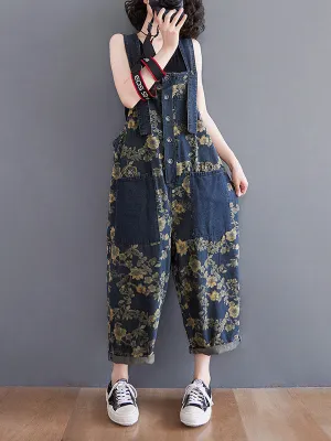 Oversize Floral Printed Denim Overalls