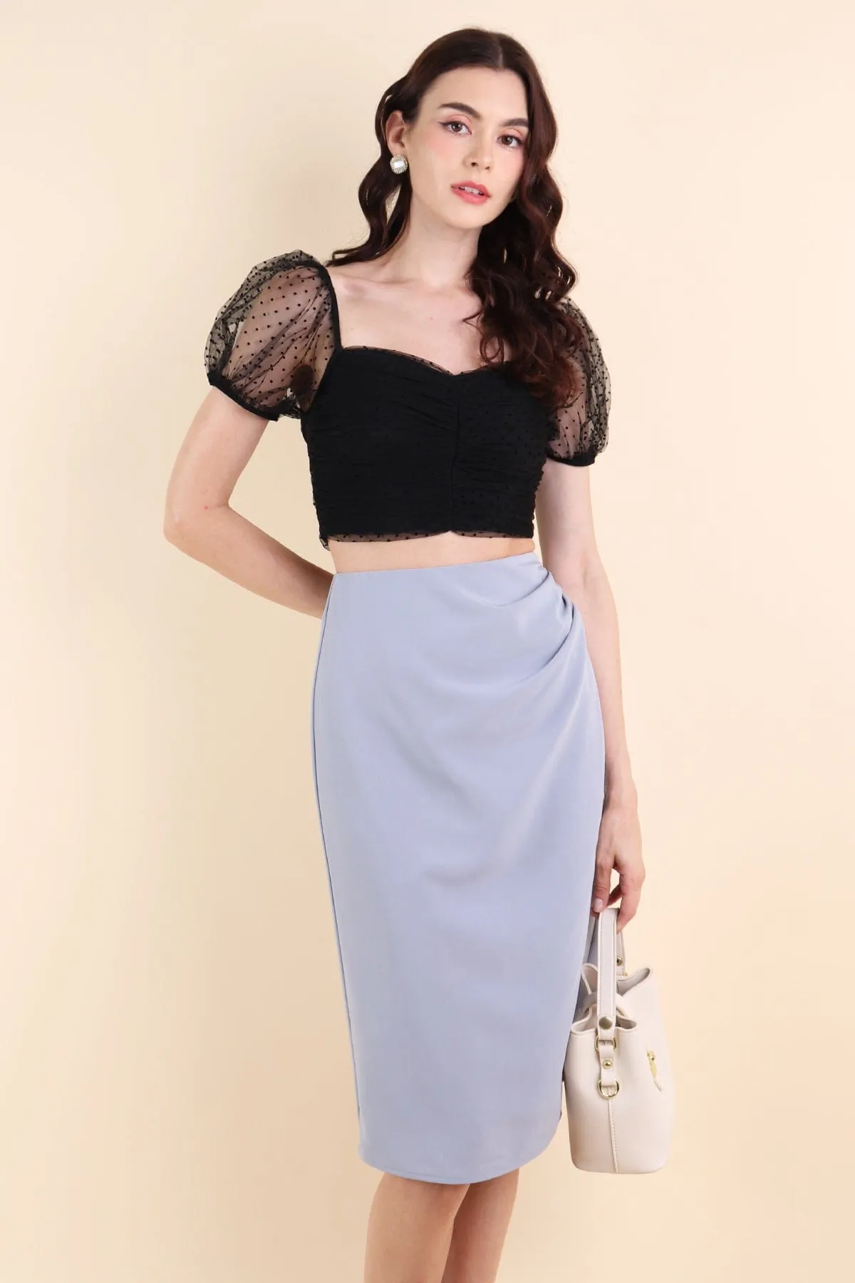 PIA RUCHED SLIT MIDI SKIRT IN  DUSK BLUE
