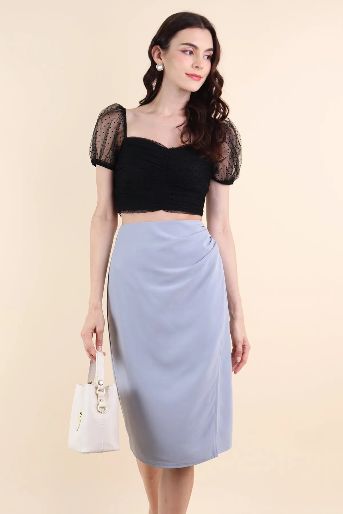 PIA RUCHED SLIT MIDI SKIRT IN  DUSK BLUE