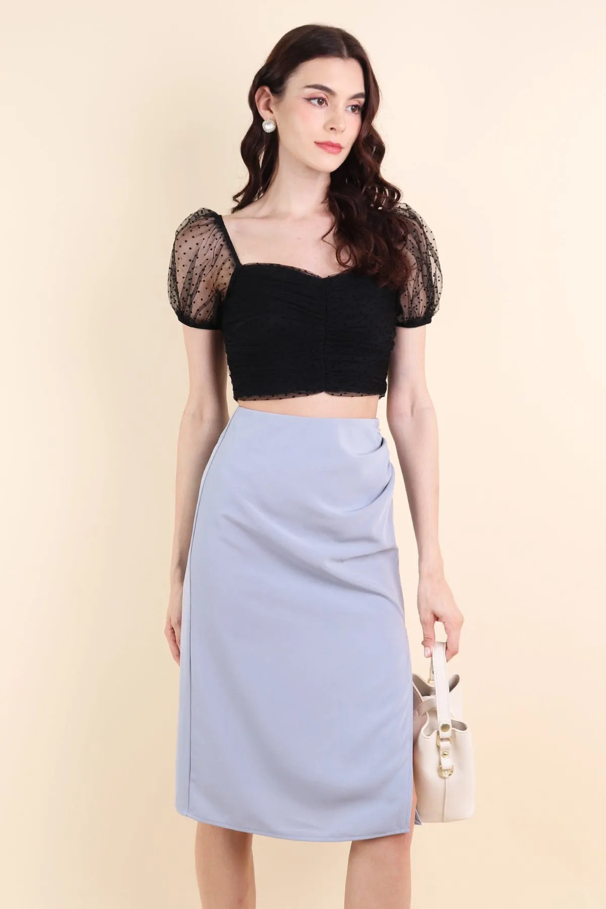 PIA RUCHED SLIT MIDI SKIRT IN  DUSK BLUE