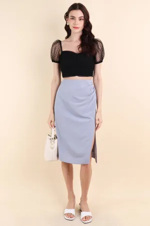 PIA RUCHED SLIT MIDI SKIRT IN  DUSK BLUE
