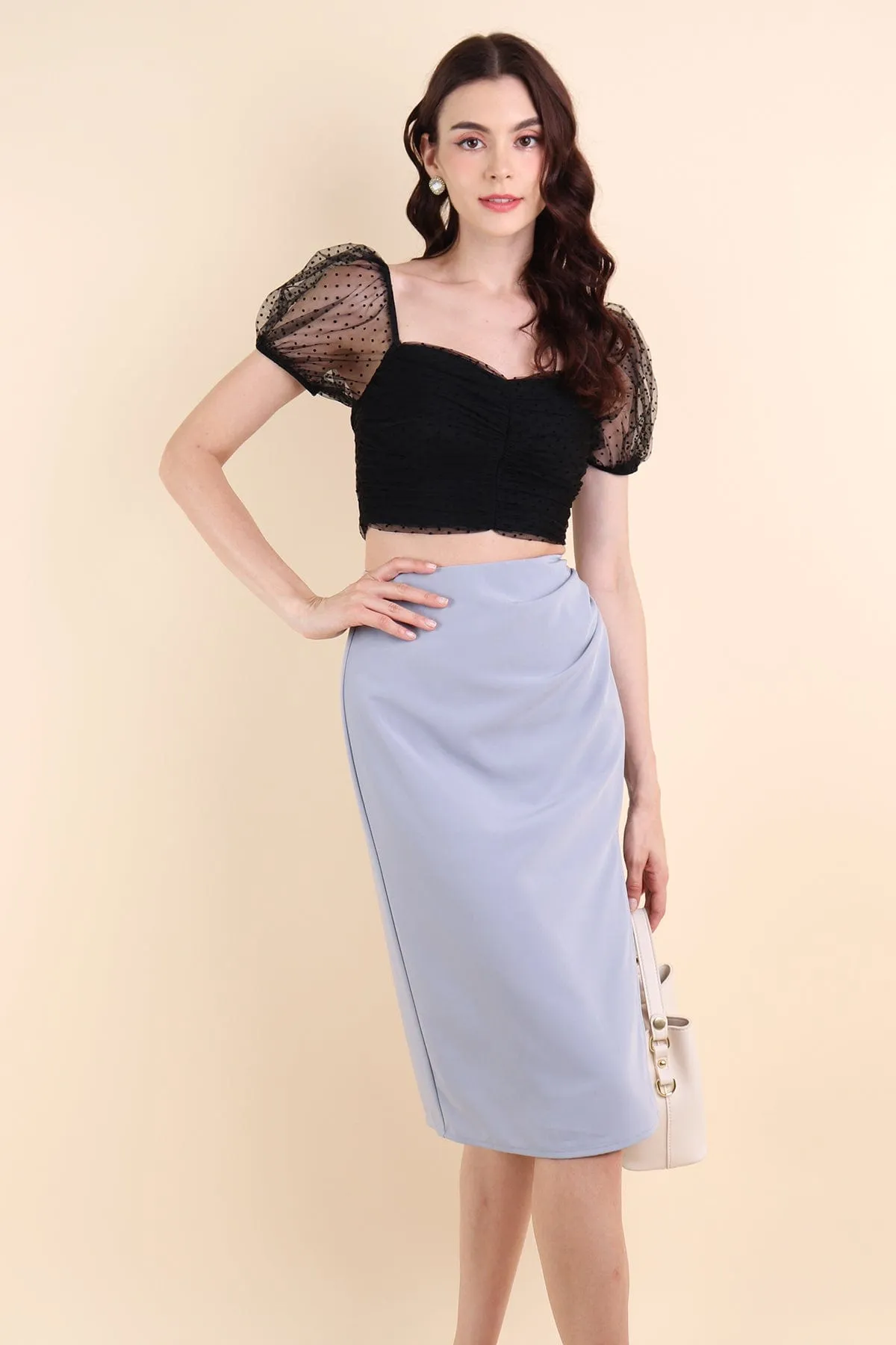 PIA RUCHED SLIT MIDI SKIRT IN  DUSK BLUE