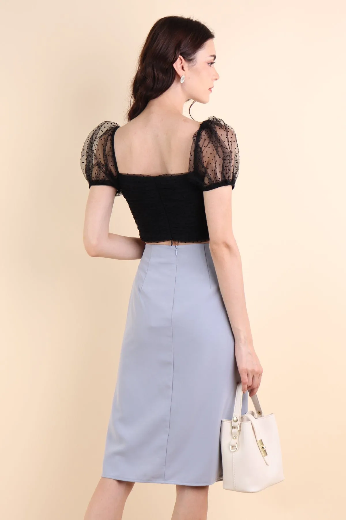 PIA RUCHED SLIT MIDI SKIRT IN  DUSK BLUE