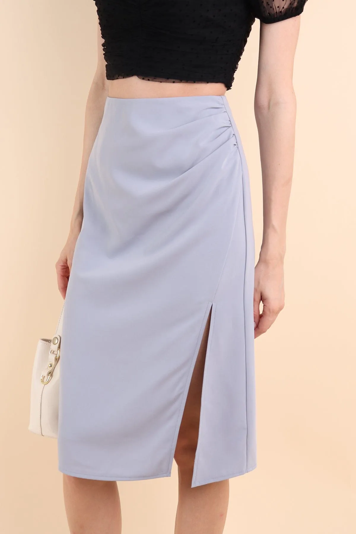 PIA RUCHED SLIT MIDI SKIRT IN  DUSK BLUE