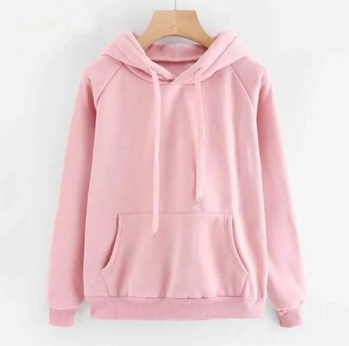 Pink Plain Sweatshirt Kangaroo Pocket Drawstring Hoodie Pullovers Clothing Long Sleeves Winter Wear Top Quality For Women