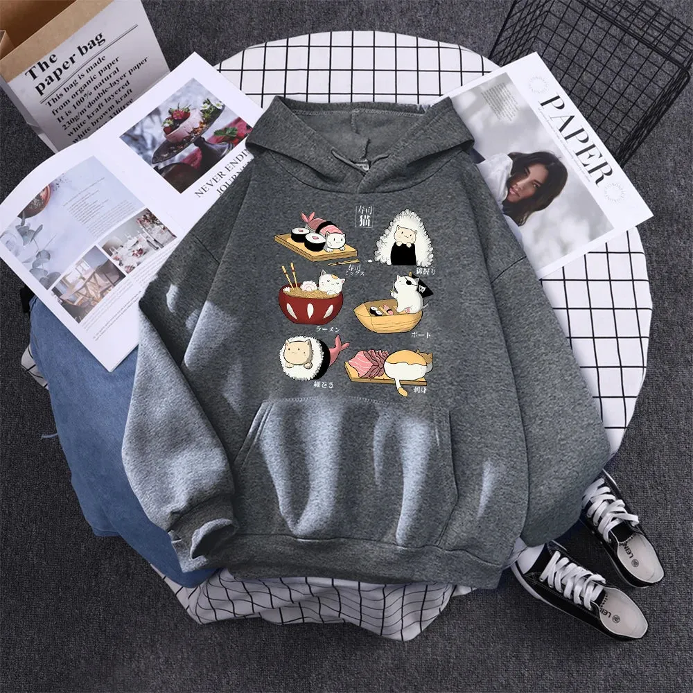Printed Hoodie Women Loose Fleece Sweatshirt Casual O-Neck Streetwear