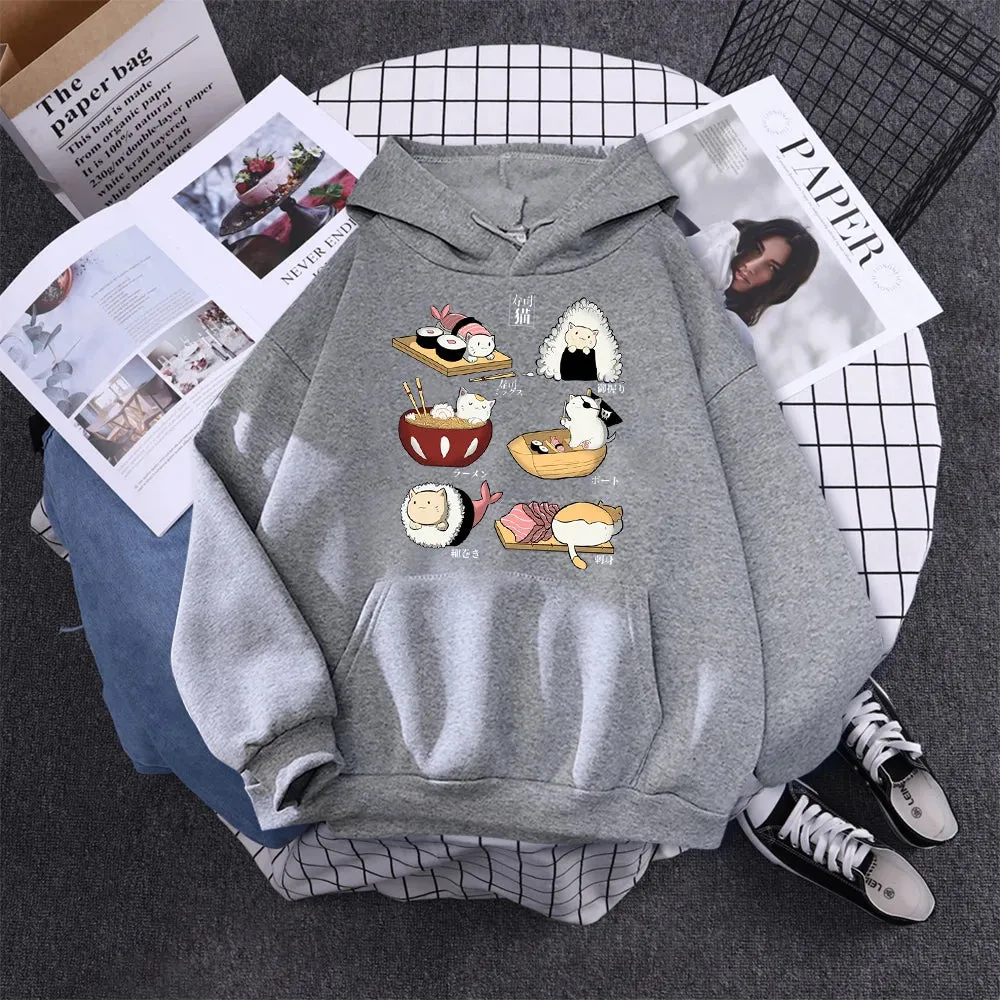 Printed Hoodie Women Loose Fleece Sweatshirt Casual O-Neck Streetwear