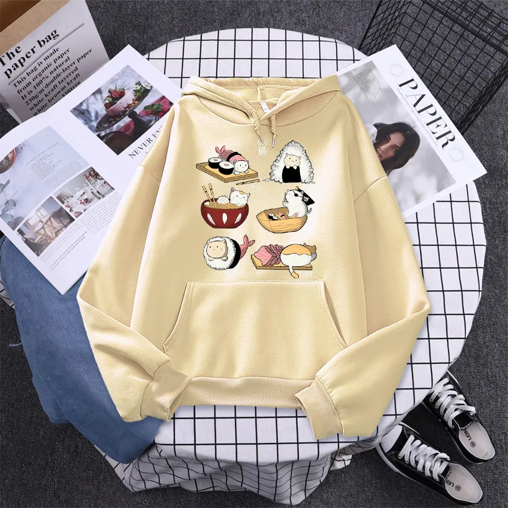 Printed Hoodie Women Loose Fleece Sweatshirt Casual O-Neck Streetwear