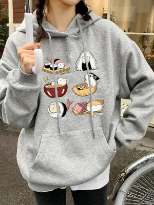 Printed Hoodie Women Loose Fleece Sweatshirt Casual O-Neck Streetwear