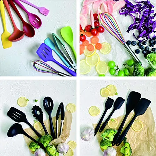 QIYU Kitchen Silicone Utensil Set,10Pcs Silicone Cooking Utensils Set,Food Grade Safety Silicone Utensils,480℉Heat Resistant Kitchen Tools,Seamless Easy to Clean, Non Stick Utensils（Black）