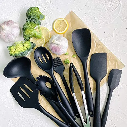 QIYU Kitchen Silicone Utensil Set,10Pcs Silicone Cooking Utensils Set,Food Grade Safety Silicone Utensils,480℉Heat Resistant Kitchen Tools,Seamless Easy to Clean, Non Stick Utensils（Black）