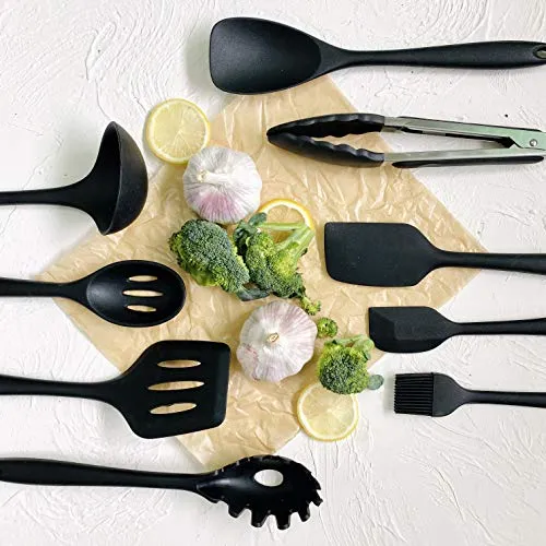 QIYU Kitchen Silicone Utensil Set,10Pcs Silicone Cooking Utensils Set,Food Grade Safety Silicone Utensils,480℉Heat Resistant Kitchen Tools,Seamless Easy to Clean, Non Stick Utensils（Black）