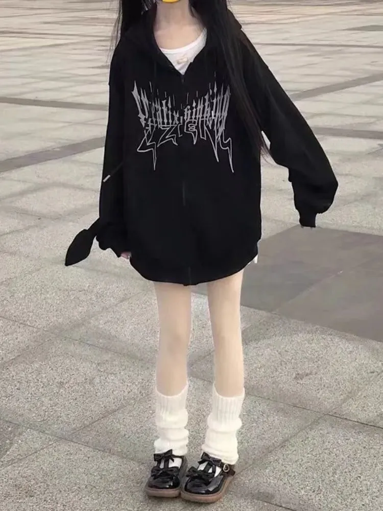 QWEEK Gothic Harajuku Zip Up Hoodies Women Mall Goth Tops Japanese Streetwear Kawaii Hooded Sweatshirt 2022 Autumn Pullovers