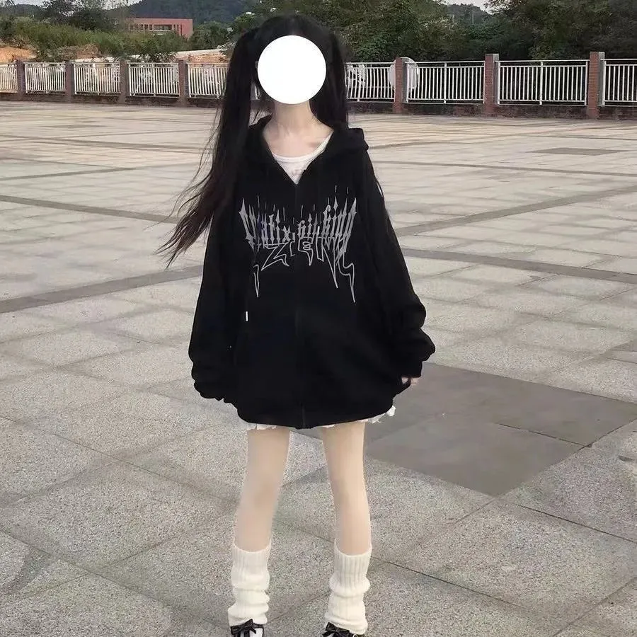 QWEEK Gothic Harajuku Zip Up Hoodies Women Mall Goth Tops Japanese Streetwear Kawaii Hooded Sweatshirt 2022 Autumn Pullovers