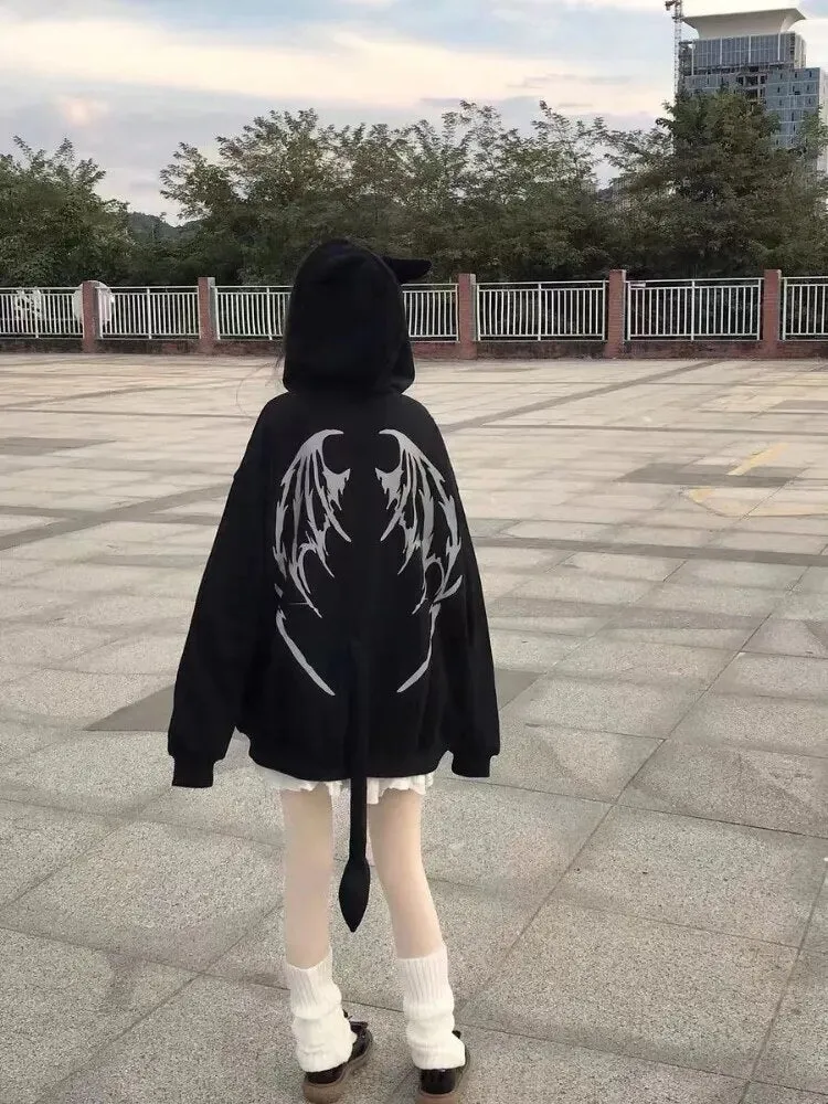 QWEEK Gothic Harajuku Zip Up Hoodies Women Mall Goth Tops Japanese Streetwear Kawaii Hooded Sweatshirt 2022 Autumn Pullovers