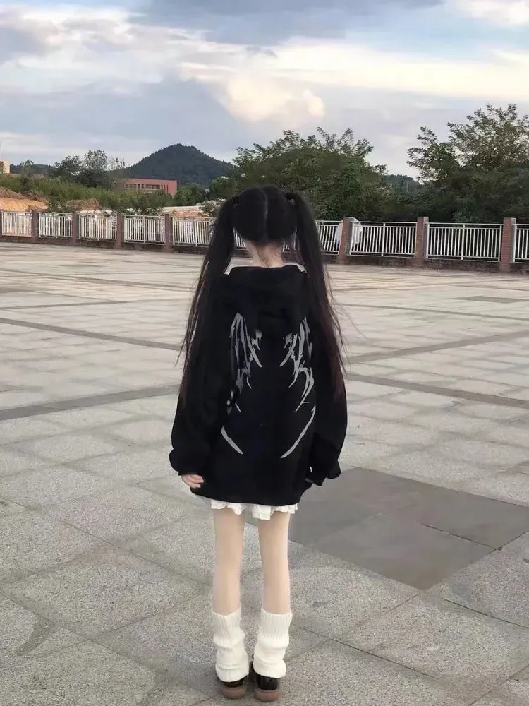QWEEK Gothic Harajuku Zip Up Hoodies Women Mall Goth Tops Japanese Streetwear Kawaii Hooded Sweatshirt 2022 Autumn Pullovers
